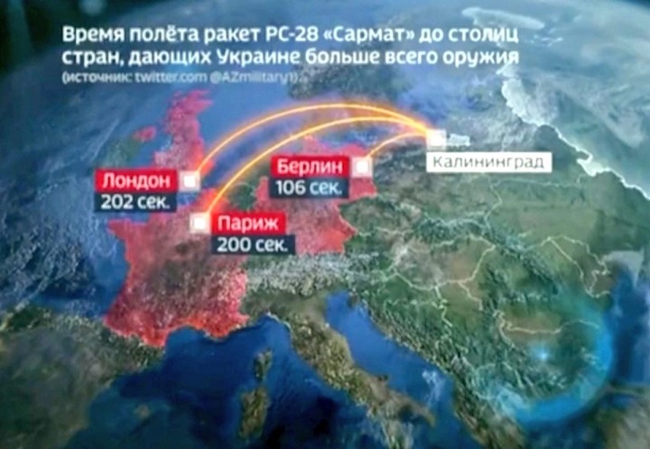 Ruská státní televize naznačuje jaderné údery proti západním metropolím